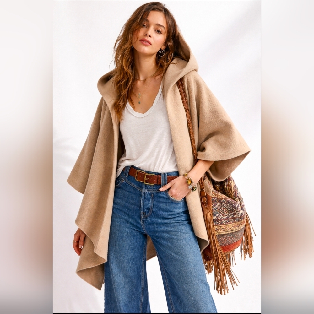 Free People X Hooded Kimono Cardigan In Ivory brown NIP $180